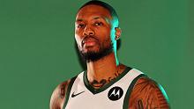 Damian Lillard pictured in Milwaukee Bucks colours during the team's media day shoot