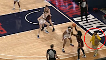 The Uber Eats delivery man almost came into contact with the live play when he entered the court early on in the second half