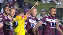 Manly prop Addin Fonua-Blake is sent off by referee Grant Atkins.