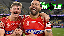  Jack Bostock and Josh Kerr of the Dolphins celebrate after winning the round 15 NRL match between North Queensland Cowboys and Dolphins at Queensland Country Bank Stadium, on June 14, 2025, in Townsville, Australia. (Photo by Ian Hitchcock/Getty Images)