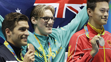 Mack Horton (C) and Sun Yang (R) after the Aussie won 400m gold at the Rio 2016 Olympics.