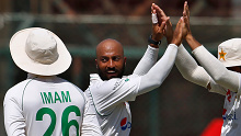Sajid Khan celebrates removing Usman Khawaja during the second Test between Pakistan and Australia.
