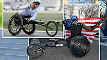 Switzerland's Marcel Hug (left) in his Sauber OT FOXX and American Daniel Romanchuk in his far cheaper wheelchair, a Top End wheelchair with Honda wheels. Hug's wheelchair is fully carbon and supremely aerodynamic.