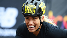 Madison de Rozario of Australia celebrates after winning the Woman's Wheelchair Marathon in London.