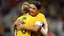 PERTH, AUSTRALIA - OCTOBER 26: Samantha Kerr of the Matildas celebrates with team mates after scoring a goal during the AFC Women's Asian Olympic Qualifier match between Australia Matildas and IR Iran at HBF Park on October 26, 2023 in Perth, Australia. (Photo by Will Russell/Getty Images)