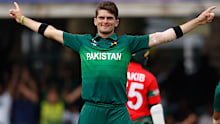 Pakistan's Shaheen Afridi celebrates after taking the wicket of Bangladesh's Liton Das