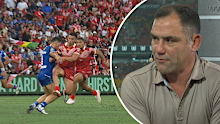 Cameron Smith reacts to Roger Tuivasa-Sheck's act.
