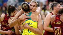 Australia's Donnell Wallam and Paige Hadley at full time during game one of the 2022 International Test series between the Australia Diamonds and England Roses.