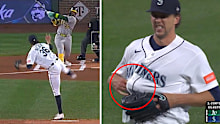 Logan Gilbert had a lucky escape after a pounded line drive became lodged in his shirt.