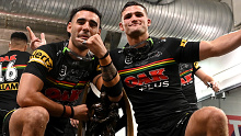 Tyrone May (left) and Nathan Cleary celebrating the Panthers' 2021 NRL premiership triumph.