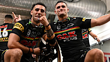 Tyrone May (left) and Nathan Cleary celebrating the Panthers' 2021 NRL premiership triumph.