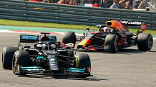Lewis Hamilton leads Max Verstappen at the US Grand Prix.