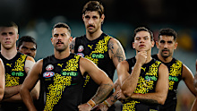Jack Graham, Sam Naismith and Daniel Rioli of the Tigers look on during the 2024 AFL Round 07 match between the Richmond Tigers and the Melbourne Demons at the Melbourne Cricket Ground on April 24, 2024 in Melbourne, Australia. (Photo by Dylan Burns/AFL Photos via Getty Images)