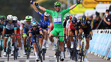 Mark Cavendish celebrates after winning Stage 10 of the Tour de France.