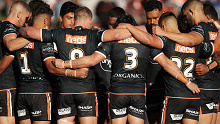 Wests Tigers players before their round five match against North Queensland at Leichhardt Oval.