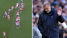 Ange Postecoglou reacts to lengthy VAR review.