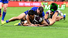 Xavier Willison of the Broncos scores a try during the round eight NRL match between Brisbane Broncos and Canterbury Bulldogs at Suncorp Stadium, on April 24, 2026, in Brisbane, Australia. (Photo by Bradley Kanaris/Getty Images)