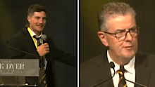 Liam Baker and president John O'ROuke speak at Richmond's best and fairest for 2024.