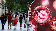 A crowd of people in Sydney and a 3D rendering of the measles virus.