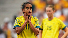Matildas star Mary Fowler reacts after her side's 2-1 loss to the USA.