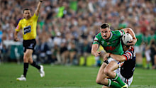 Jack Wighton takes a tackle late in the NRL grand final