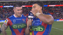 Will Pryce dropped an F-bomb in a live TV interview after starring on his NRL debut for the Knights.