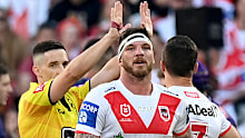 Josh McGuire of the Dragons is sent to the sin bin for a high tackle against the Storm.