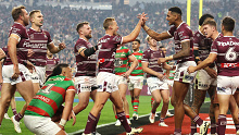 Daly Cherry-Evans celebrates a try with Jason Saab during Manly's win over the Rabbitohs in Vegas.