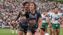 Nicho Hynes celebrating his try during the 2023 NRL All Stars match.
