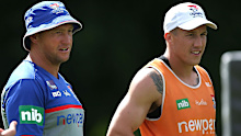 Nathan Brown and Trent Hodkinson during a Knights training session.