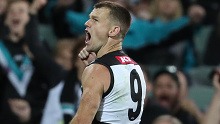 Port Adelaide champion Robbie Gray celebrates his match-winning goal.
