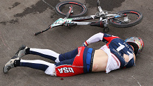 USA's Connor Fields goes down after a crash during the Men's BMX semi-finals