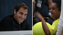 (L-R) Roger Federer is interviewed by a seven-year-old Izyan 'Zizou' Ahmad. 