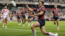 Mitch Aubusson celebrates a try in his 300th NRL match. (Getty)