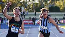 Sebastian Sultana (left) winning the men's 100m final ahead of Josh Azzopardi (right).