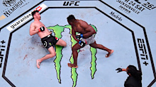 Francis Ngannou drops Stipe Miocic with a punch.