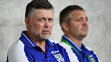 Bulldogs coach Dean Pay (left) during the Round 1 NRL match 