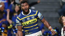 Maika Sivo of the Eels celebrates scoring his third try