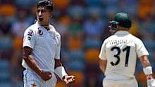 Naseem Shah of Pakistan celebrates after taking his first test wicket