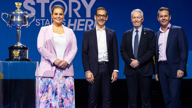Todd Woodbridge (right) at Wednesday's launch of the 2023 Australian Open, six days after his heart attack.