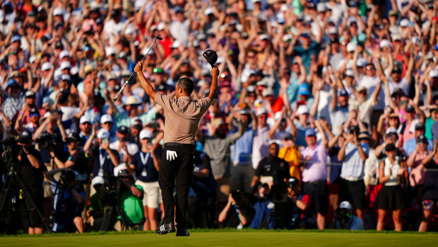 Xander Schauffele waves to the crowd after sinking a birdie putt on the 18th and final hole to claim his first major win at the PGA Championship at Valhalla.