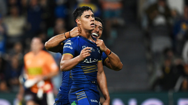 Blaize Talagi celebrating his try for Parramatta against the Broncos in Round 10.