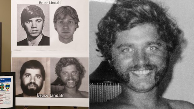 Photos of Bruce Lindahl on display at the DuPage County State's Attorney's office, prior to a news conference about the murder of Pamela Maurer.