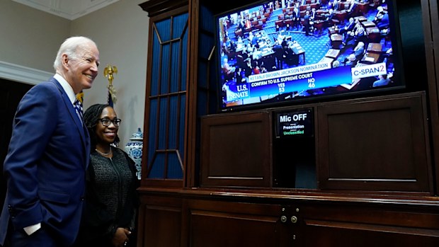 President Joe Biden and Supreme Court nominee Judge Ketanji Brown Jackson watch as the Senate votes on her confirmation from the Roosevelt Room of the White House.