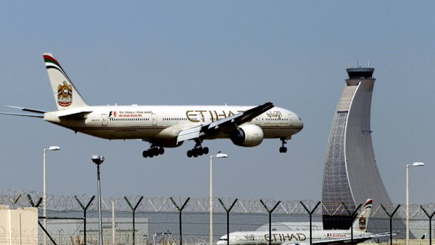 An Etihad Airways plane prepares to land at the Abu Dhabi airport in the United Arab Emirates.