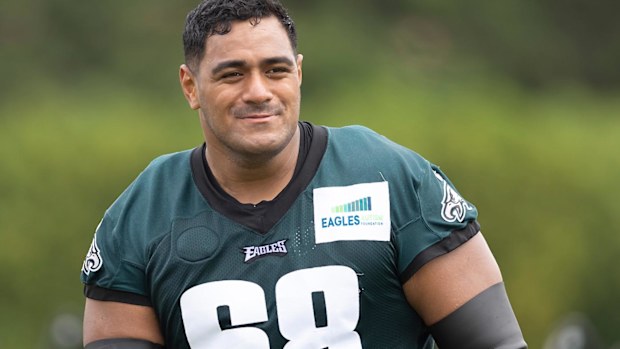 Jordan Mailata #68 of the Philadelphia Eagles looks on during training camp