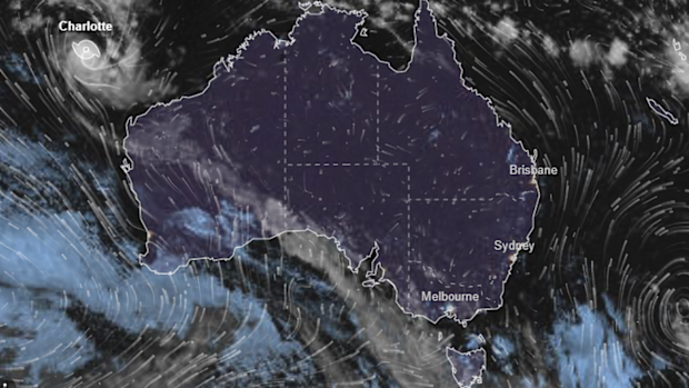 A satellite view of Australia shows tropical cyclone Charlotte of WA's north-west coast on Tuesday March 22, 2022. 