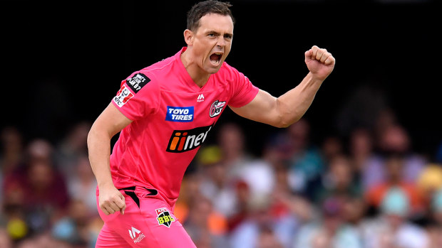 Steve O'Keefe celebrates a wicket for the Sixers.