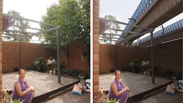 Ms Pendelich in her backyard (left) and a digitally-altered image of her home with the sky rail.