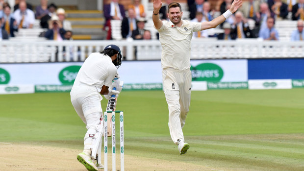 James Anderson celebrates his 100th Test wicket at Lord's